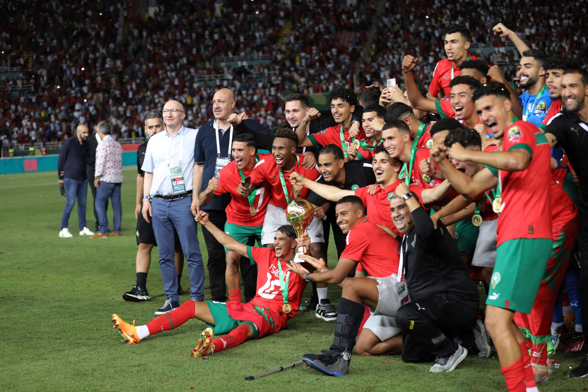 Morocco players celebrate trophy during the 2023 U23 Africa Cup of Nations final match between Morocco v Egypt held at Prince Moulay Abdallah Stadium in Rabat, Morocco on 08 July 2023 Ladjal Djafaar/Sports Inc - Photo by Icon sport