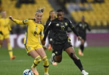 Kholosa Biyana of South Africa challenges Asllani Kosovare of Sweden during the FIFA Womens World Cup