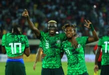 Saudi Arabia vs Super Eagles: Victor Osimhen of Nigeria celebrates with goalscorer Samuel Chukwueze during the 2023 Africa Cup of Nations Qualifiers
