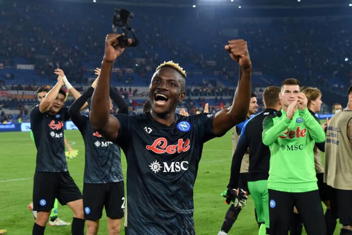 The Napoli player Victor Osimhen celebrating a victory